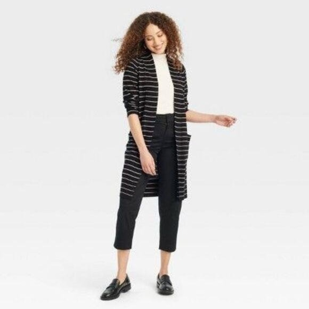 A New Day Women's Black Stripe Long Open Front Cardigan Sweater XS